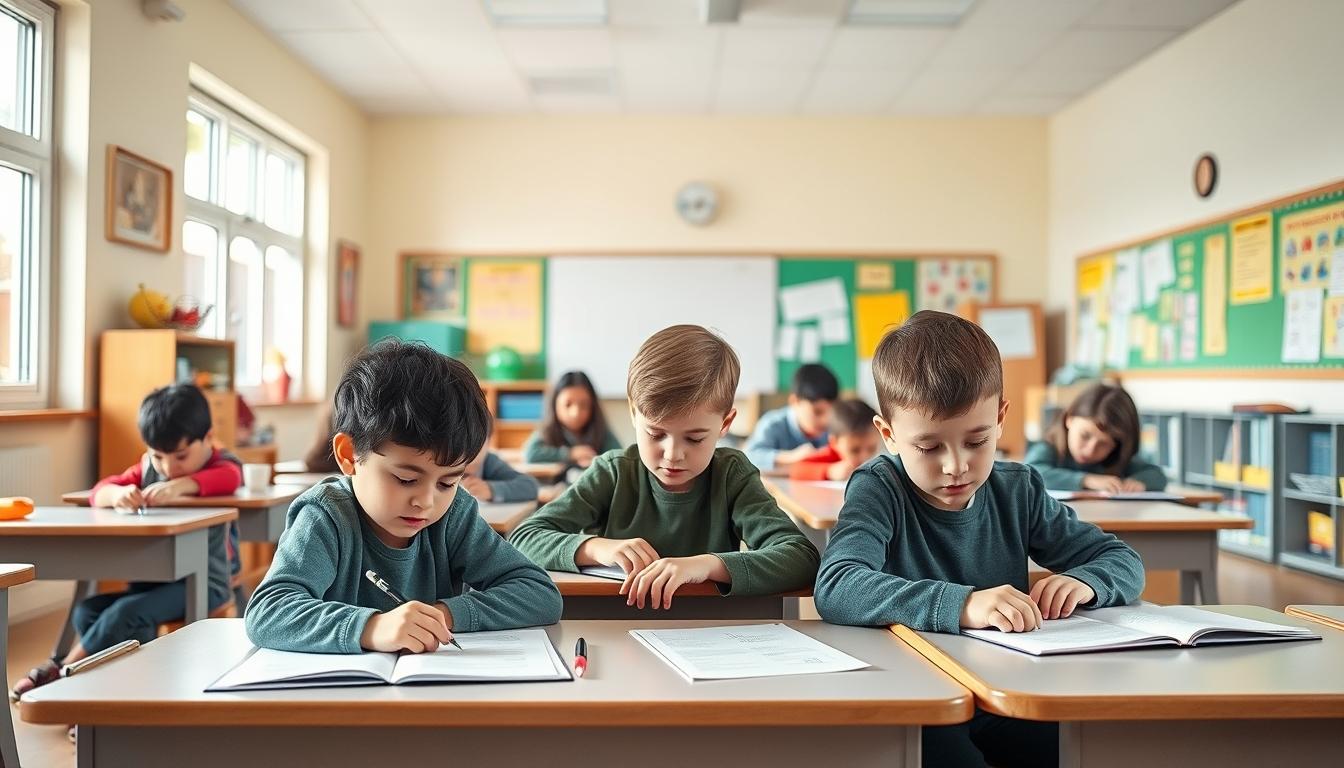Students studying together in modern classroom
